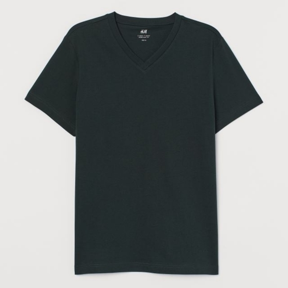H&M Men's regular fit V-neck T-shirt dark green - Picture 1 of 2